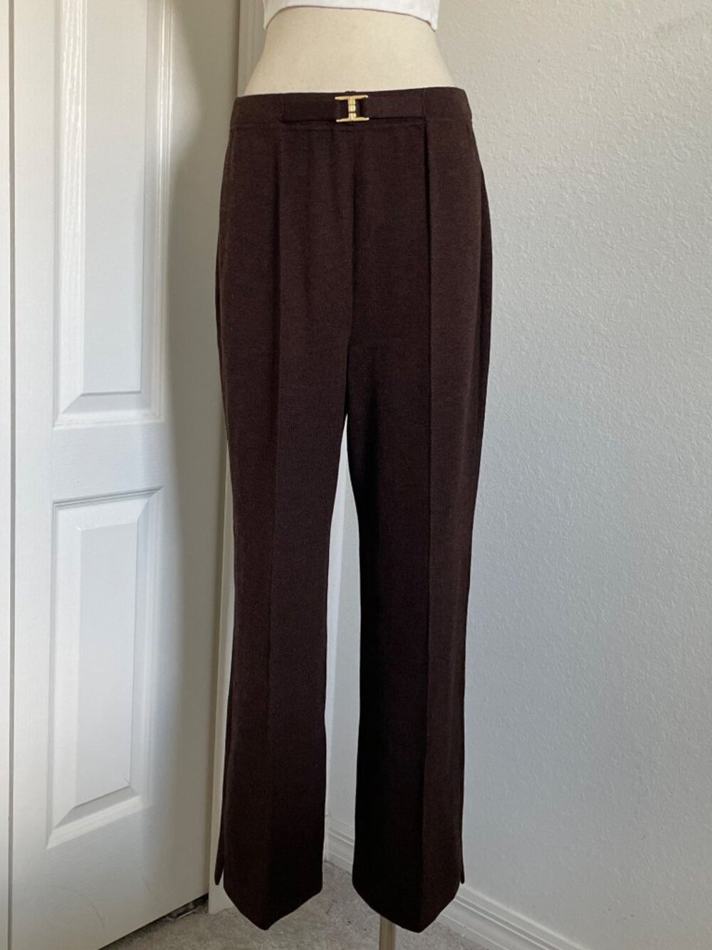 Vintage St. John Brown Knit Straight Leg Pants + Gold-tone Buckle Womens Size 10